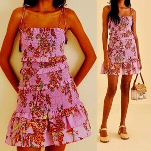 NWT Farm Rio Mini Dress Floral Monkey Lilac Smocked Ruffles Thin Shoulder Strap